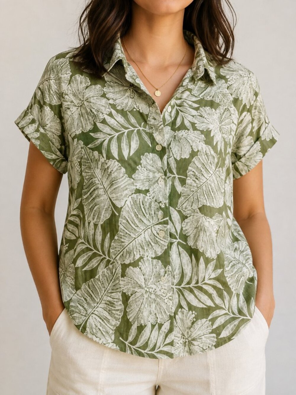 Jessica Simpson M Olive Green Tropical Floral Button Up Shirt